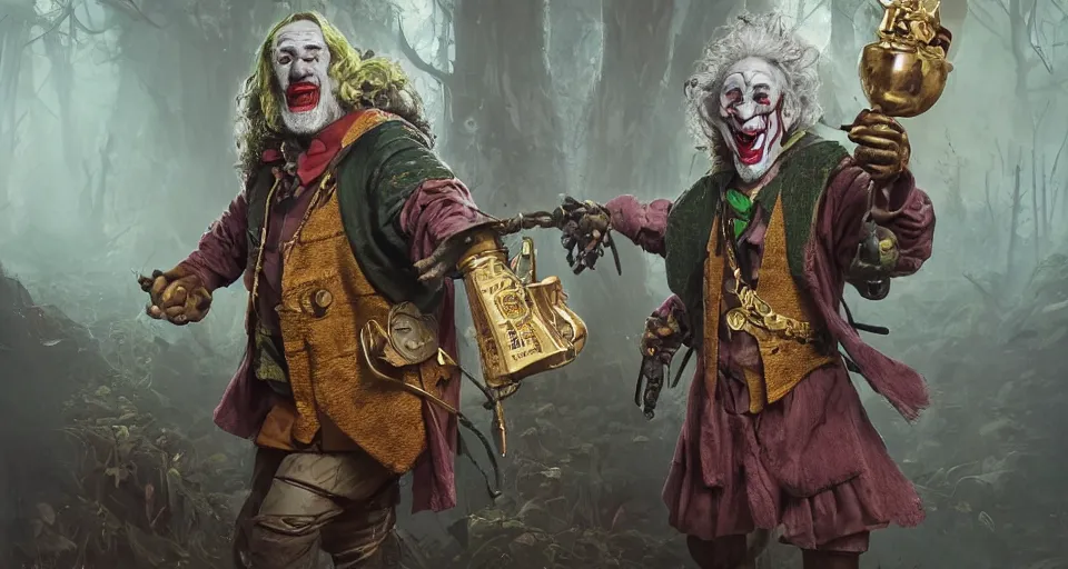 Image similar to robert de niro as medieval joker, crazy colorful clothing with a heavy golden mace in his left hand and a beer jug in his right hand, full body portrait with high detailled face, symmetrical face, intricate details, wandering through a forbidden forest, trending on artstation, 8 k hyperrealistic, style of peter mohrbacher, octane render, unreal engine