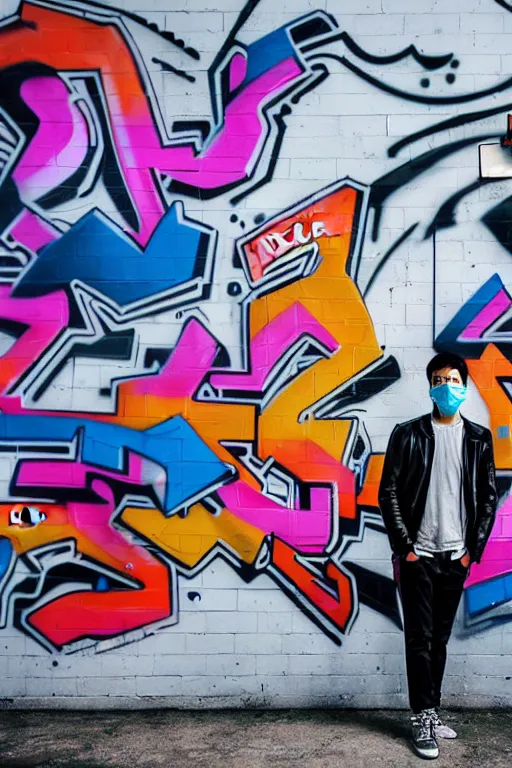 Image similar to asian guy with mask stand in front of wall with full of graffiti tag and mural, photorealistic, smooth, 4 k, aesthetic lighting, baroque object, hyperdetailed, professional photography, pullitzer winning, photo by : canon eos 5 d mark iv, by karah mew and adnan abidi and jodie bateman