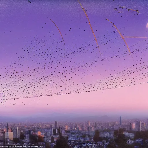 Image similar to thousands of bird trajectory trails in the sky of santiago of chile, purple dawn seen from a metro station, matte painting by esao andrews and akira kurosawa