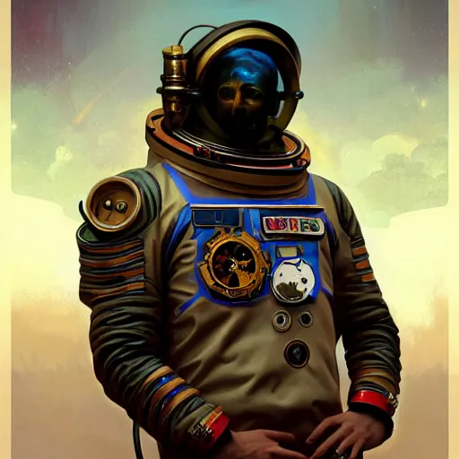 Image similar to portrait of a vicotrian steampunk astronaut man in suit by darek zabrocki and greg ruthkowski, alphonse mucha, simon stalenhag and cinematic and atmospheric, concept art, artstation, trending on artstation