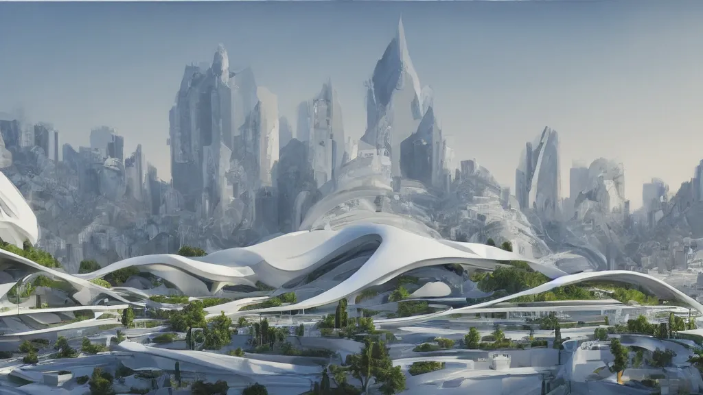 Prompt: utopian city made out of glistening, white marble, nature backdrop, mountainous, fusion between historical and modern futuristic architecture, zaha hadid, rome, minimalism 4k, oil painting