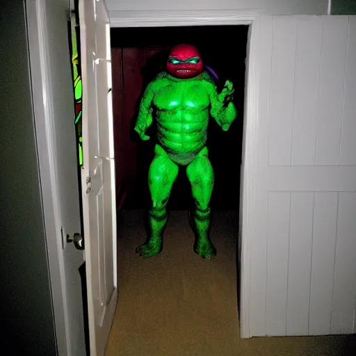 Prompt: grainy photo of a ninja turtle as a creepy monster in a closet, harsh flash