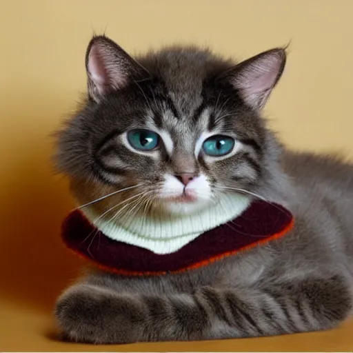 Image similar to cute cat photo licking tongue sticking out, wearing wool hat cat ears