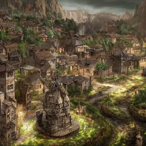 Image similar to magical final fantasy inspired town, european, highly detailed, unreal engine, concept art