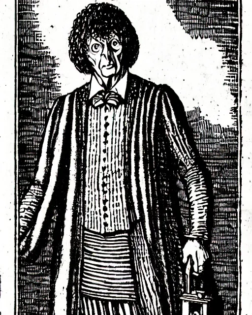 Prompt: b & w woodcut of tom baker's doctor who from the nuremberg chronicle, 1 4 9 3, restored, hq scan