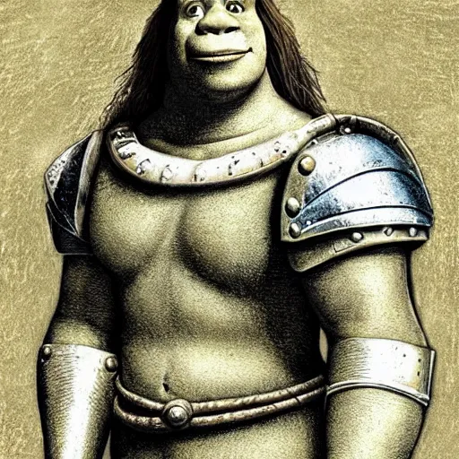 Image similar to shrek from shrek as a glorious devout shining powerful epic amazing awesome very handsome attractive muscular stylish knight in shining golden armor, fantasy art, hyper detailed, extremely complex, hyper realistic, similar to the mona lisa, art by leonardo devinci