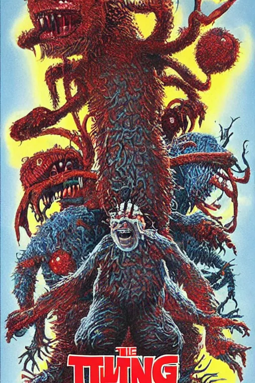 Prompt: the thing 1 9 8 2 movie poster with intricate detail and monsters from the movie