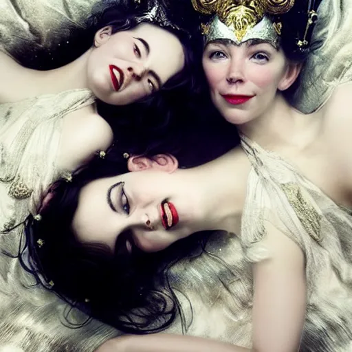 Image similar to stunning photo of dark - haired goddesses vanessa kirby and bjork smiling, laying back on a pillow, with melted white pearls all over their faces, a beautiful closeup, wet lips, perfect eyes, insanely detailed, elegant, by mucha, wlop, rutkowski, livia prima