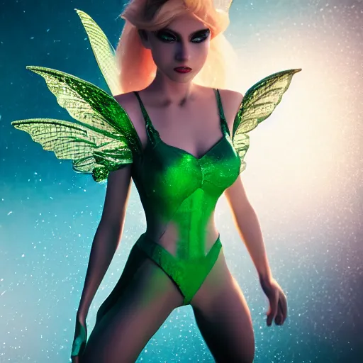 Image similar to full body pose, hyperrealistic photograph of evil tinkerbell, dim volumetric lighting, 8 k, octane beautifully detailed render, extremely hyper detailed, intricate, epic composition, cinematic lighting, masterpiece, trending on artstation, very very detailed, stunning, hdr, smooth, sharp focus, high resolution, award, winning photo, dslr, 5 0 mm