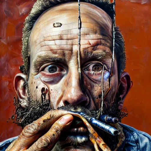 Image similar to an extreme close up portrait a beared wizard smoking a pipe, front angle, by Lucian Freud and Jenny Saville and Anselm Kiefer, oil painting, rust, Scaffolding, rusted metal, iron cladding, decay, mixed media, textured, anatomically correct, beautiful perfect face, visible brushstrokes, sharp focus, Highly Detailed, Cinematic Lighting, 8k, HD