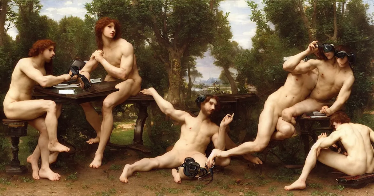 Image similar to pre-Raphaelite male muscular athletic gamers wearing headsets and playing video-games on laptops playstation5 x-box and PC by Bouguereau and raphael