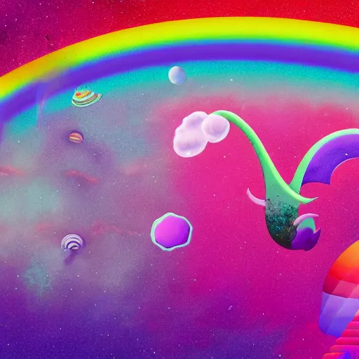 Prompt: a picture of the loch ness monster flying in space wearing rainbow colored slotted shapes, psychedelic space adventure, absurdism, ultrawide angle, depth of field, 4 k, artstation