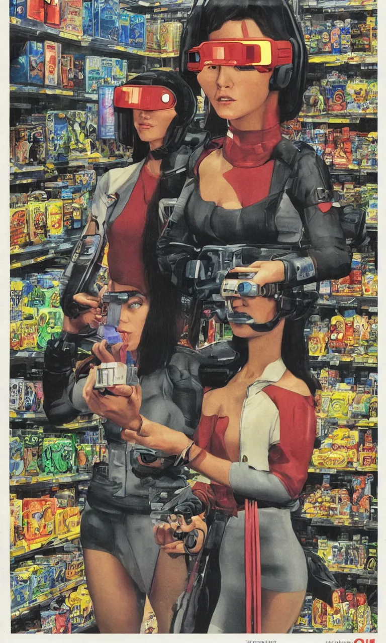 Image similar to 1979 OMNI Magazine Cover depicting a portrait of a Beautiful woman wearing AR goggles in a grocery store. Cyberpunk Akira style by Vincent Di Fate