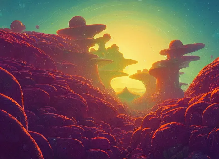 Image similar to psychedelic concept art of an alien landscape made of baked beans, cel shaded, in the style of makoto shinkai and moebius and peter mohrbacher and anton fadeev