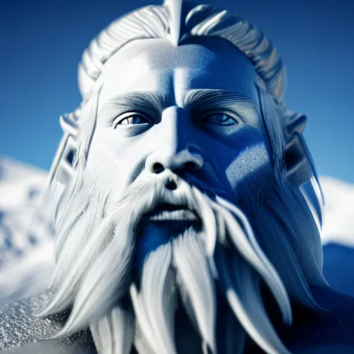 Image similar to photography of a hyper realistic crystal clear ice statue of un unknow viking warrior god. stuning, intricate, complexe. snowy mountains dream landscape. professional digital art, unreal engine 5