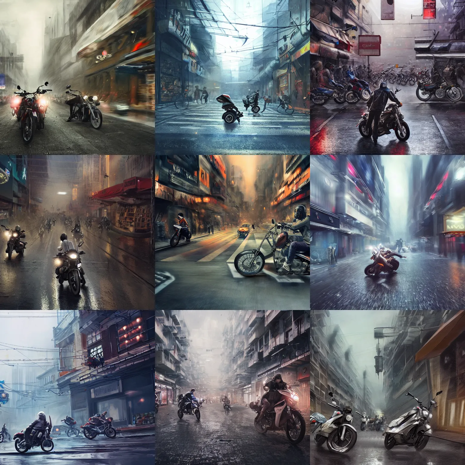 Prompt: motorcycle chase through a crowded bazaar in a dystopian city, concept art by christian faber, sharp, light rain, extremely realistic lighting, illusion of motion