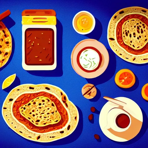 Prompt: flat bread concept art, smooth, sharp focus, illustration, delicious, 4 k, high detail, artstation, yummy, bright color, breakfast table background