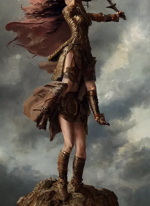 Prompt: highly detailed steampunk gal gadot standing on a boulder : leonardo da vinci, greg rutkowski, magali villeneuve