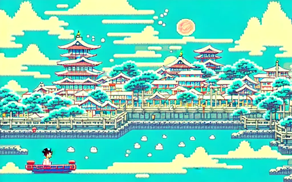 Image similar to a japanese city near the sea, lofi, dreamy, moody, anime inspiration, ghibli vibe, pixelart