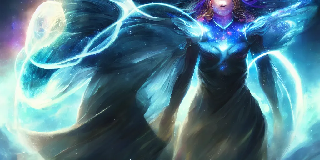 Prompt: a celestial being bending the time and space continuum, concept art, digital illustration, trending on artstation, deviantart, artgerm, epic composition, masterpiece, highly detailed, advanced technique, ambient lighting, wlop, ross draws