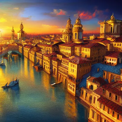 Prompt: the most beautiful sunset over baroque city, surreal, photorealistic, detailed