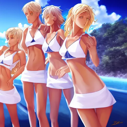 Prompt: group picture : a very tall beautiful young blond basketball anime girl with her tiny team, sky blue eyes, bikini, white miniskirt, highly detailed, cinematic wallpaper by stanley artgerm lau