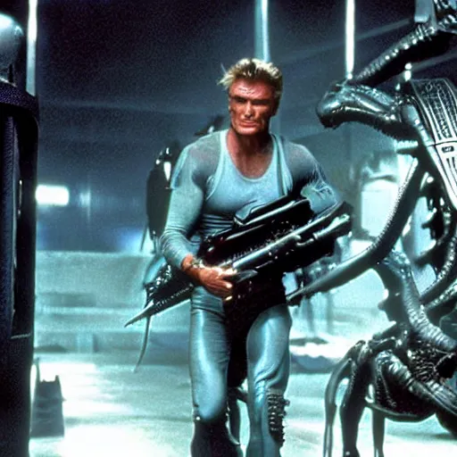 Image similar to movie still, 1 9 8 0 s, dolph lundgren as alien hunter, hyperdetailed, by ridley scott, john carpenter and vittorio storaro, blue leds