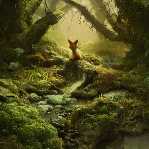 Image similar to soft painting render curiosities alien desolated world pond vegetation rocks, beautiful fox covered moss scintillating, accurate features, focus, very intricate ultrafine details, random volumetric lighting, dense fog, award winning masterpiece, octane render 8 k hd, artstation, tom bagshaw