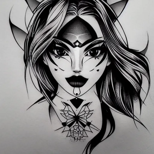 Image similar to tattoo design, stencil, beautiful girls face, geometry surrounding by artgerm, artgerm, cat girl, anime