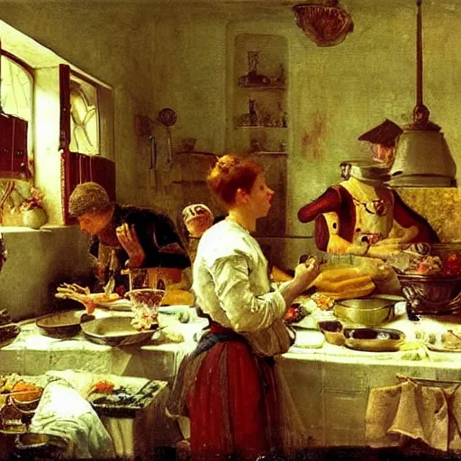 Image similar to Dramatic renaissance scene of cooking in the kitchen, by Greg Rutkowksi and Ilya Repin