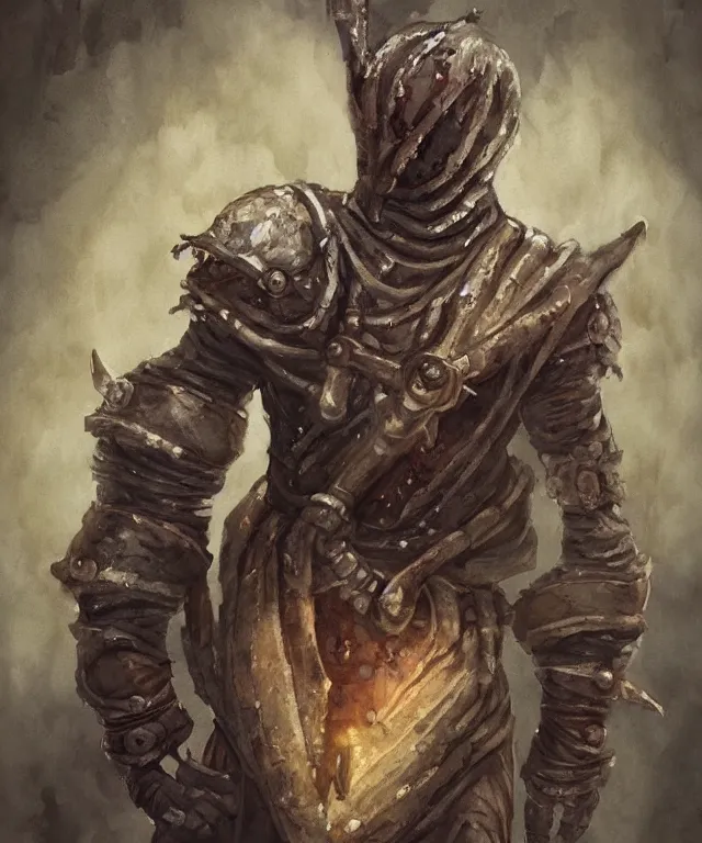 Image similar to a oil / watercolor painting full body character portrait of a artificial slave in the style of dark souls in the style of darkest dungeon trending on artstation deviantart pinterest detailed realistic hd 8 k high resolution