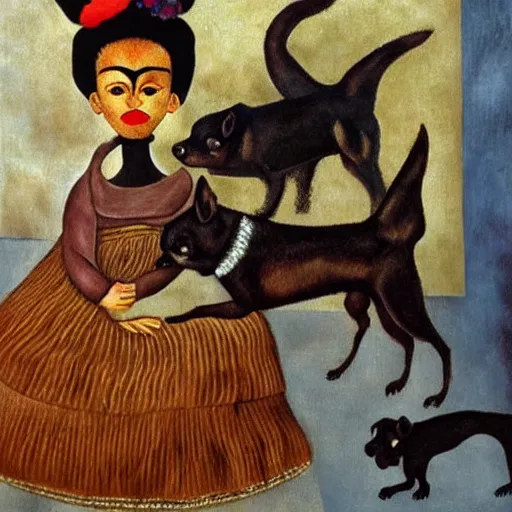 Prompt: a woman and her black and brown chihuahua by frida kahlo