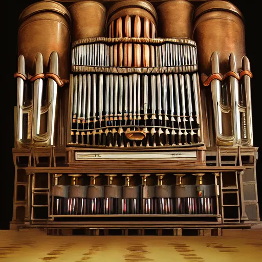 Image similar to gigantic pipe organ, oil painting, digital art, trending on artstation, highly detailed, 8k, luminous, biomechanical