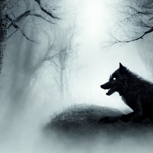 Prompt: Werewolf cinematic, detailed illustration, nature, fog, dark colors, unknown, confusing, 8k,