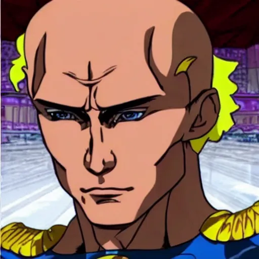 Image similar to putin in jojo bizarre adventure with a fitness muscular body, very anime style