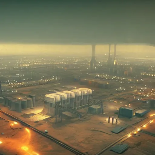 Image similar to an aerial view of an abandoned industrial terrain with giant nuclear plants and cooling towers, night time, shot from the blade runner 2049 movie, moody, dark, foggy