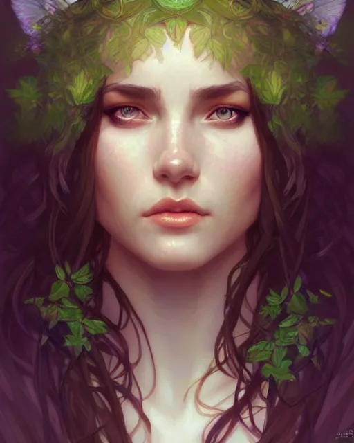 Image similar to beautiful female druid, portrait, fantasy, young, perfect eyes, detailed, sketch, intricate, leaves and simple cloth, dynamic lighting, digital art, digital painting, artstation, wlop, sharp focus, illustration, art by artgerm and greg rutkowski and alphonse mucha, 8 k