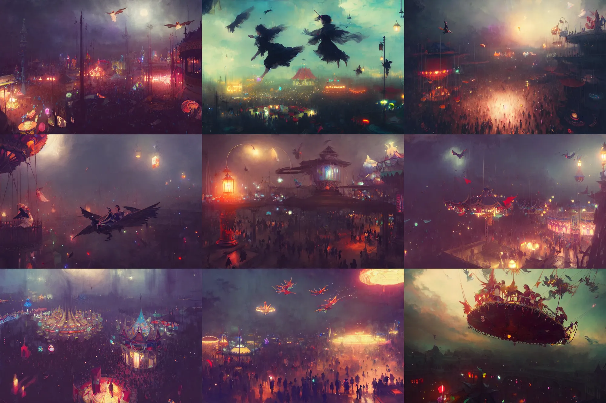 Prompt: young witches flying above exploring a carnival, witchlight carnival travelling temporary small amusement park, night time, high octane filter, 8 k, highly detailed, digital painting, concept art, matte, art by ruan jia and wlop and greg rutkowski and makoto shinkai, masterpiece