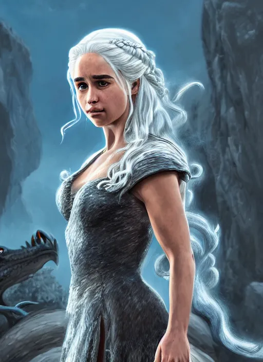 Image similar to An epic fantasy comic book style portrait painting of Daenerys Targaryen and her dragons, Unreal 5, DAZ, hyperrealistic, octane render, cosplay, RPG portrait, dynamic lighting
