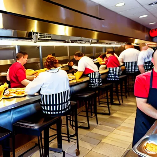 Image similar to busy wafflehouse interior with customers eating breakfast and wafflehouse employees serving food and cooking behind countertop