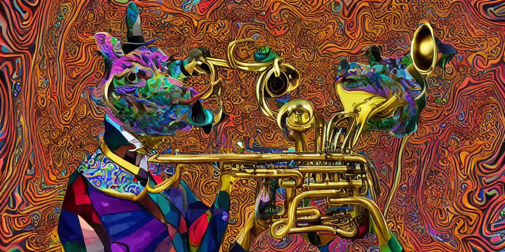 Image similar to highly detailed digital artwork of a dingo - man dingo man dingoman chimera with a salvador dali mustache. he is playing the psychedelic trumpet electronic trumpet.