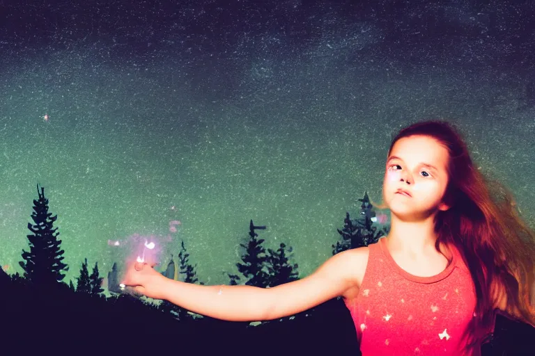 Image similar to blured girl on night vision, focused background night sky with stars, polaroid photo