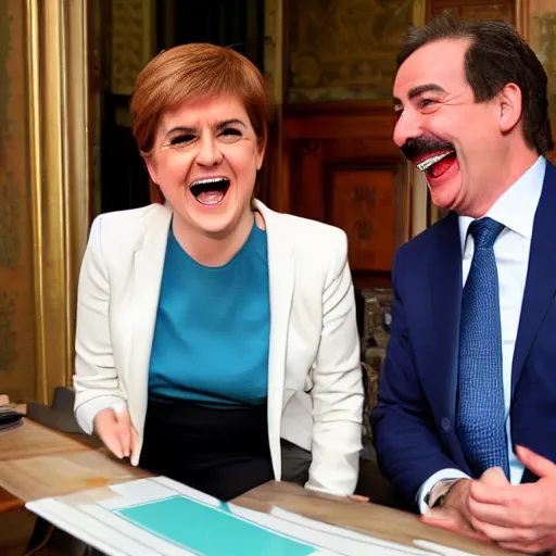 Prompt: Mario laughing with Nicola Sturgeon
