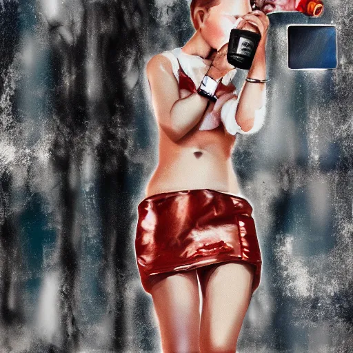 Prompt: putin holding a bottle of arak, wearing a mini skirt, cinematic, beautiful digital painting, hyper detailed