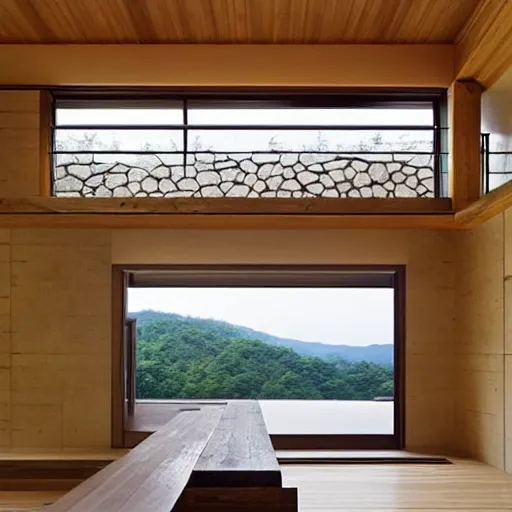 Image similar to “extravagant luxury mountain home, in Karuizawa, by Tadao Ando, modern rustic, stone, zen, summer rain, mist”