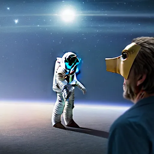 Prompt: man with a horse mask is standing on astronaut on his knees, concept art, rutkowski, high fidelity details