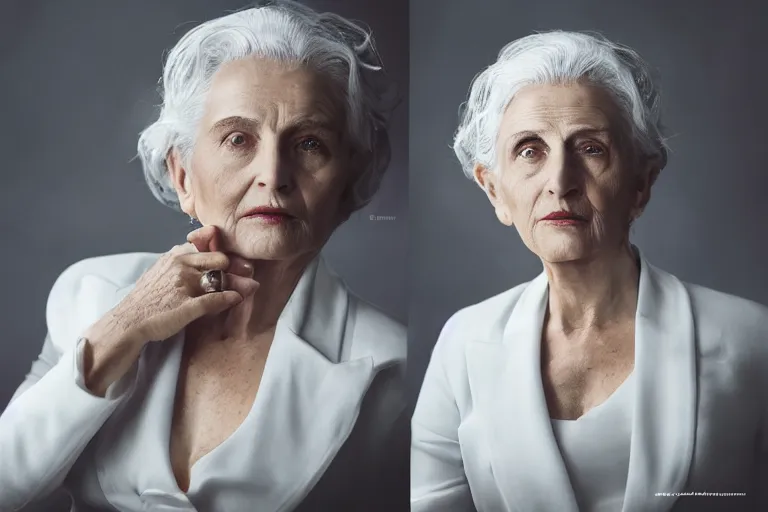 Image similar to a realistic cinematic headshot portrait of an old beautiful woman on top of skyscaper, wearing futuristic white suit, ceo, 4 k, ultra realistic, dramatic lighting, rain, clouds, fog, vogue, fashion, magazine spread, by annie leibovitz