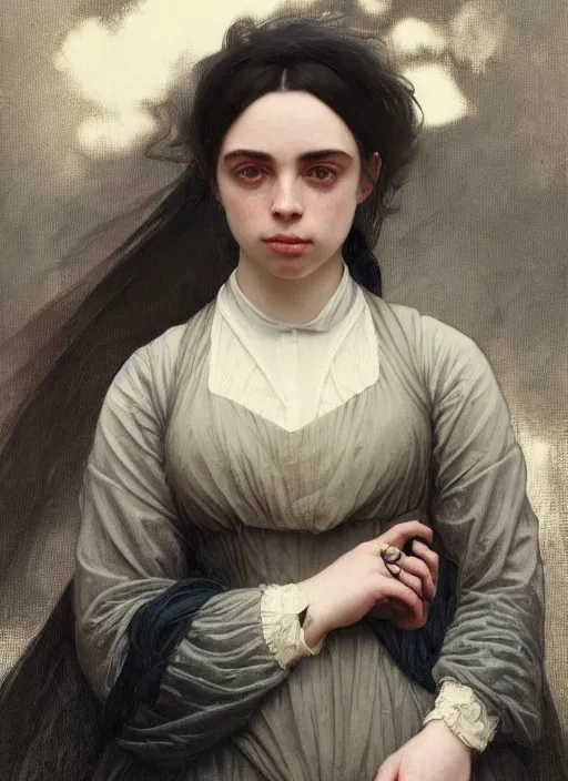 Image similar to Portrait of Billie Eilish in victorian london, elegant, highly detailed, fantasy, art by artgerm and greg rutkowski and alphonse mucha and Wayne Barlowe and william-adolphe bouguereau, smooth, sharp focus, octane render