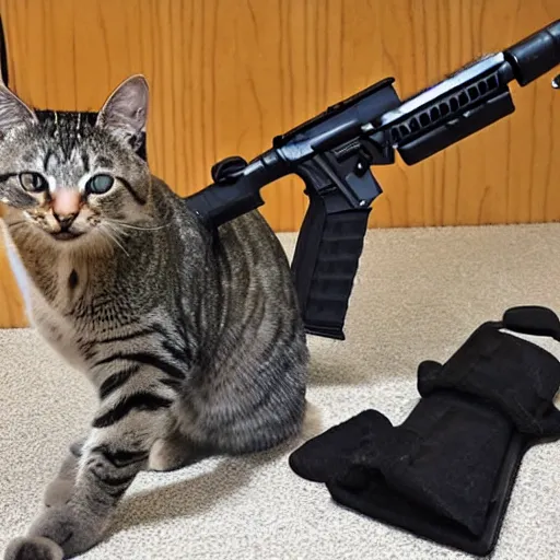 Image similar to Photo of an upright house cat with an AR15