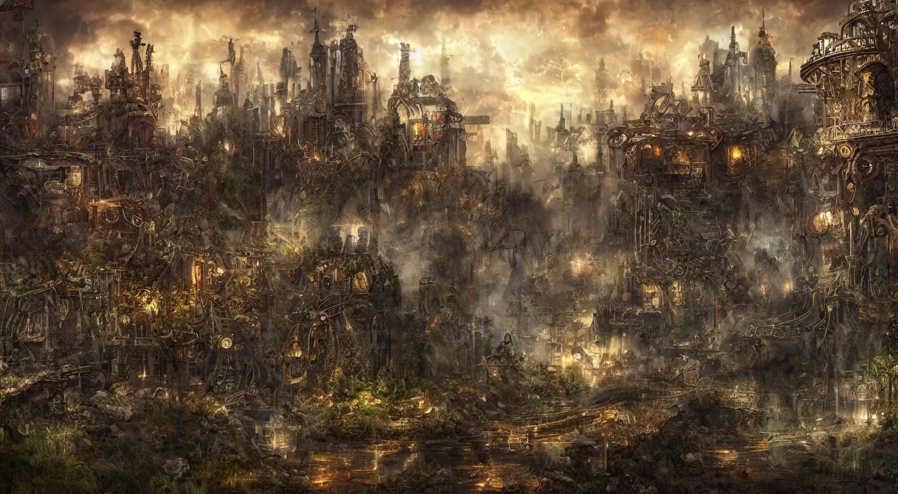 Image similar to a stunning digital artwork of a steampunk landscape